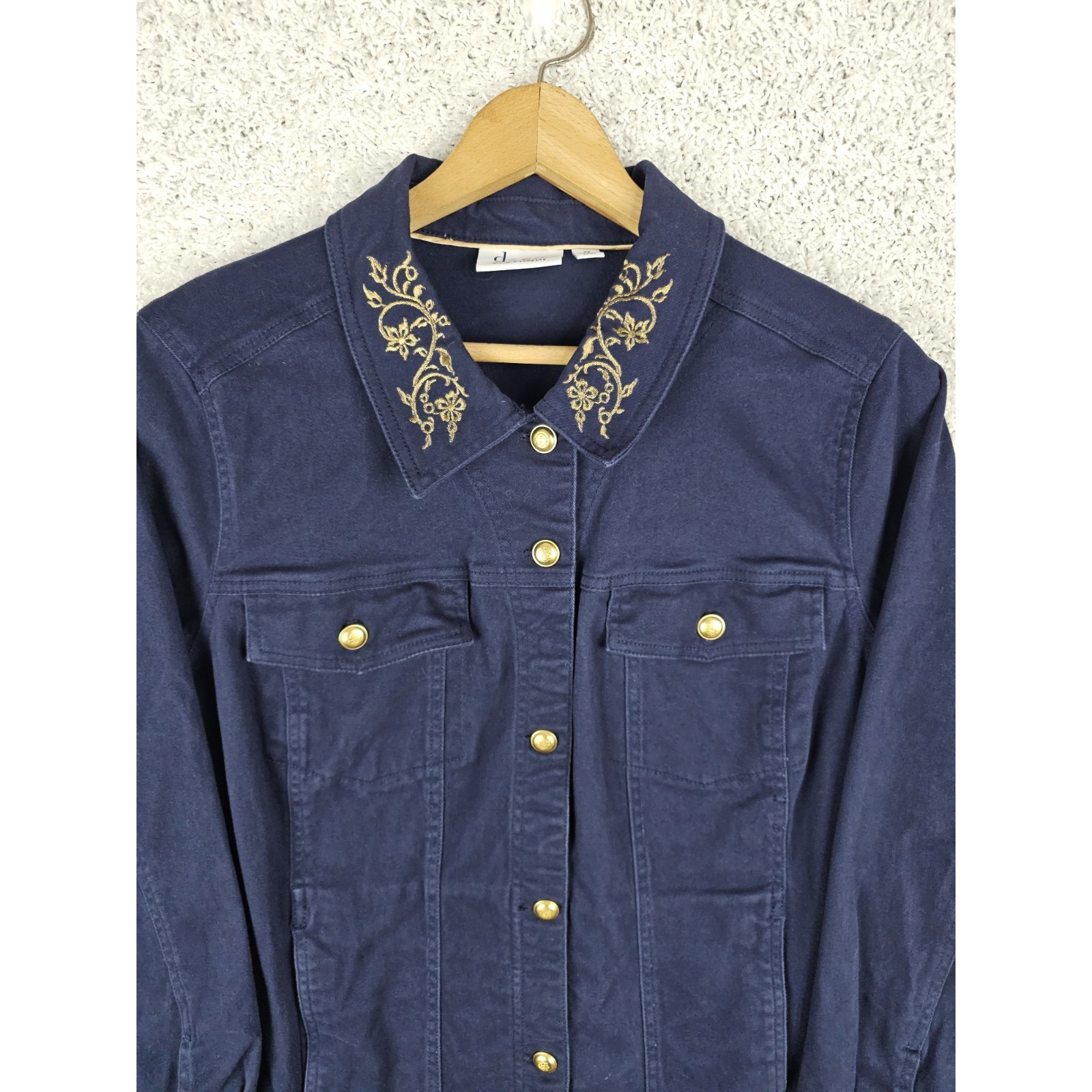 Denim & Co Trucker Navy Jacket Womens Plus 1x Western Gold Buttons Stitching
